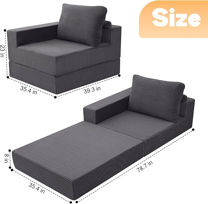 MeMoreCool Convertible Sofa Bed Foldable Boneless Couch, Folding Sleeper Chair Bed with L-Shaped Armrest, Comfy Floor Lounge Couch for Adults, Fold Out Single Sofa Chair Futon for Indoor Bedroom