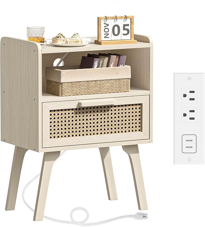 Lerliuo Rattan Nightstand with Charging Station, Side Table with Drawer Open Shelf, Cane Accent Bedside End Table with Solid Wood Legs, Night Stand for Bedroom, Dorm and Small Spaces (Grey White)