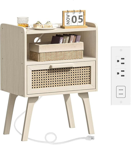 Lerliuo Rattan Nightstand with Charging Station, Side Table with Drawer Open Shelf, Cane Accent Bedside End Table with Solid Wood Legs, Night Stand for Bedroom, Dorm and Small Spaces (Grey White)