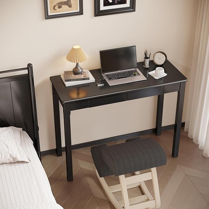 Solid Wood Desk with Drawers - 39 x 16 Inch Modern Narrow Desks, Rubber Wood Study Table, Small Writing Desk for Small Spaces|Bedroom - Black Desks