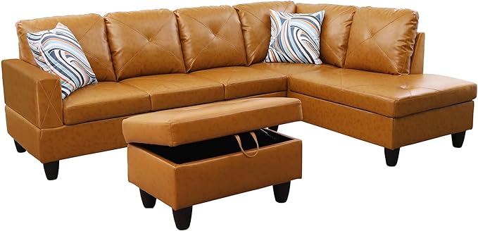 NicBex Sectional Couch 3 Pieces Sofa Set with Left Chaise Faux Leather L Shaped Cloud Couch for Living Room Furniture Sets with Storage Ottoman, Modular Sofa for Living Room & Apartment, Ginger
