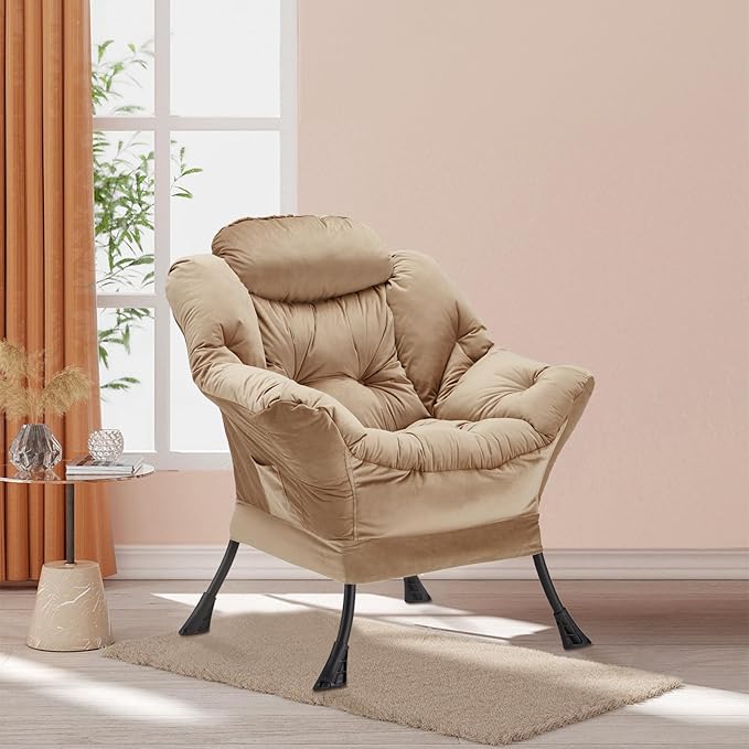 Lazy Chair Thick Padded, Comfy Velvet Accent Lounge Chair with Stable Frame, Leisure Sofa Armchair with Armrests and Side Pocket, Reading Chair for Bedroom, Living Room, Office, Khaki