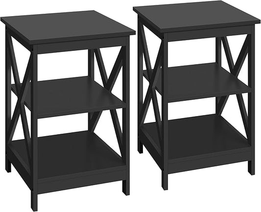 Yaheetech Black End Table Set of 2, 16x16x24 in Sturdy 3-Tier Side Tables with Storage Shelf & Solid Wood Legs, 2Pcs X-Design Modern Sofa Side Table for Living Room Office, Easy Assembly