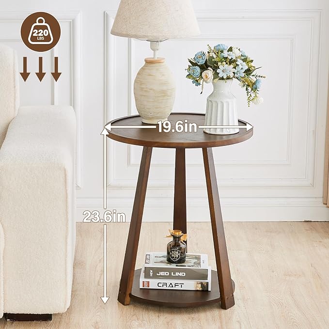 Uniclinens Round End Table, Solid Wood Round Side Coffee Table, Small Bedside Nightstand for Living Room Bedroom, Walnut