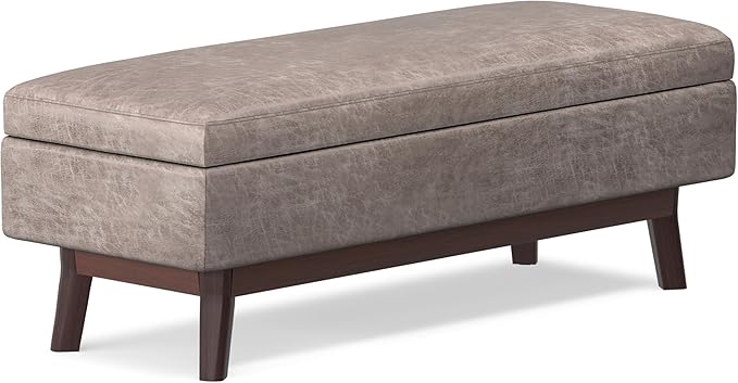 SIMPLIHOME Owen 48 inch Wide Mid Century Modern Rectangle Rectangular Storage Ottoman in Distressed Grey Taupe Vegan Faux Leather, Assembled, for the Living Room, Entryway and Family Room