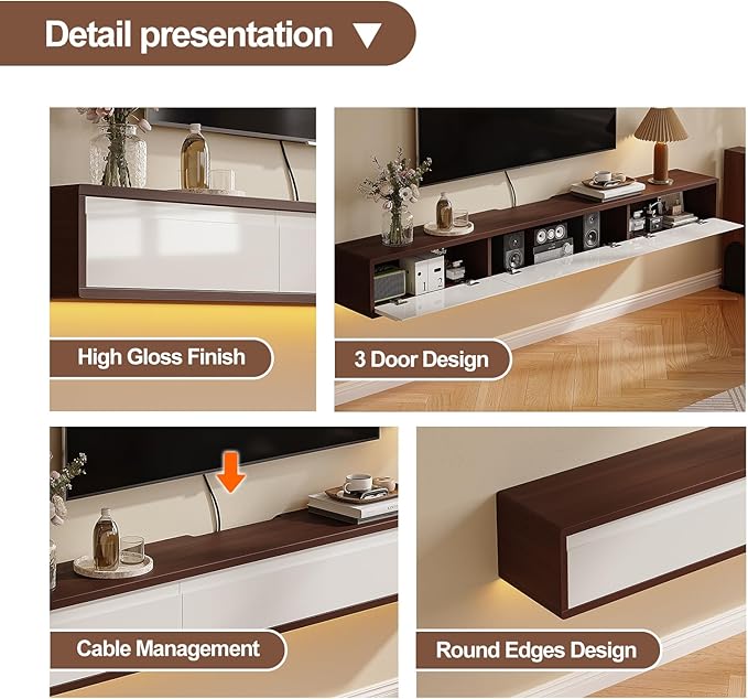 Floating TV Stand High Gloss,55'' Wall-Mounted TV Cabinet,Floating TV Console,Under TV Shelf with 3 Doors for Living Room Bedroom(Walnut+White)