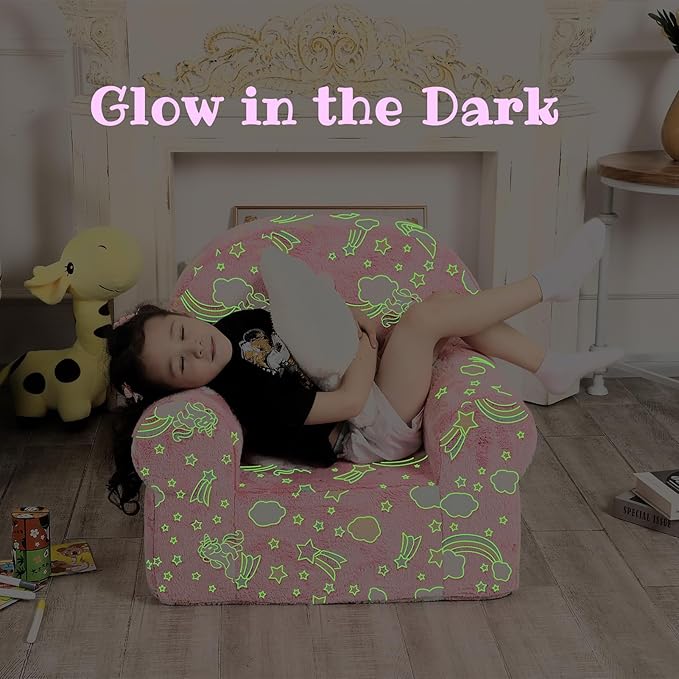 Rainbow Unicorn Kids Sofa with Star Throw Pillow, High Back Toddler Chair Glow in The Dark for Boys and Girls, Pink
