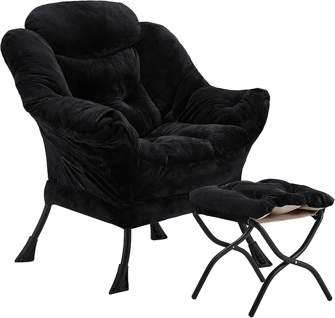 Lazy Chair with Folding Ottoman, Accent Chair Plush Upholstered with Metal Structure and Non-Slip Pads, Sofa Armchair with Footrest and Side Storage Bag for Dorm, Room, Office, Black