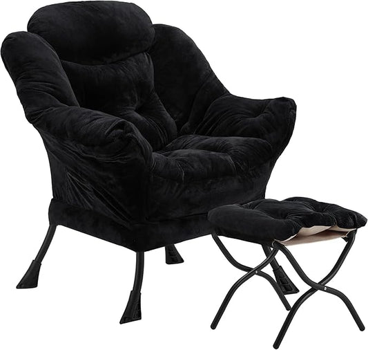 Lazy Chair with Folding Ottoman, Accent Chair Plush Upholstered with Metal Structure and Non-Slip Pads, Sofa Armchair with Footrest and Side Storage Bag for Dorm, Room, Office, Black