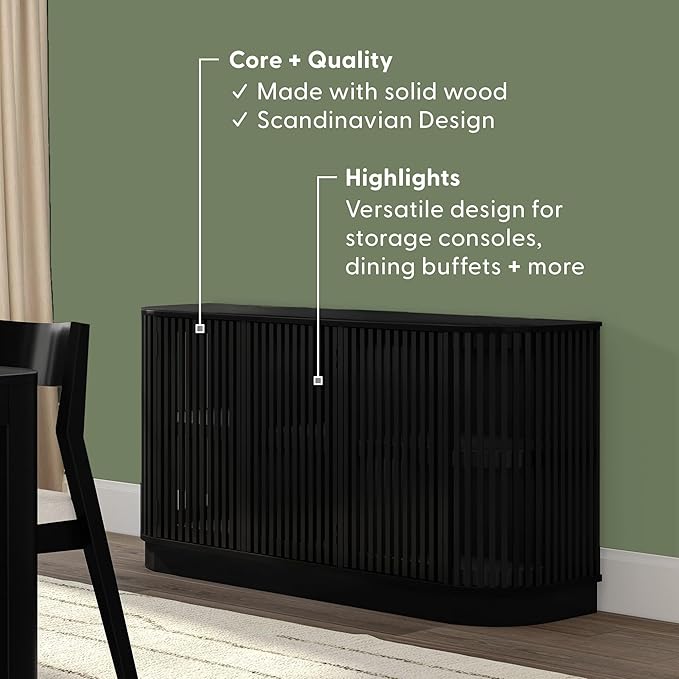 Plank+Beam Contour Wood TV Stand, Three Door Solid Wood Entertainment Console with Storage, 59" L x 16" W x 30" H, Black