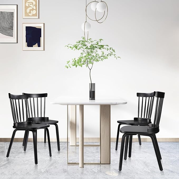 Unovivy Wood Dining Chairs Set of 4, Farmhouse Spindle Back, Widen Seat, Modern Mid-Century Country Style, for Living Room Restaurant, Black