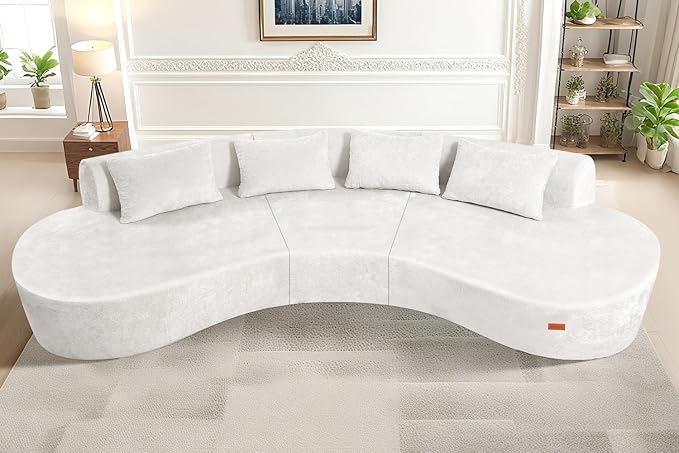 Homguava 130'' Modular Sectional Sofa,Curved Modern Sofa with Memory Foam,Deep Seat Cloud Couch with 4 Pillows,Upholstered Oversized Couches for Living Room Apartment Office,No Assembly Required-Beige