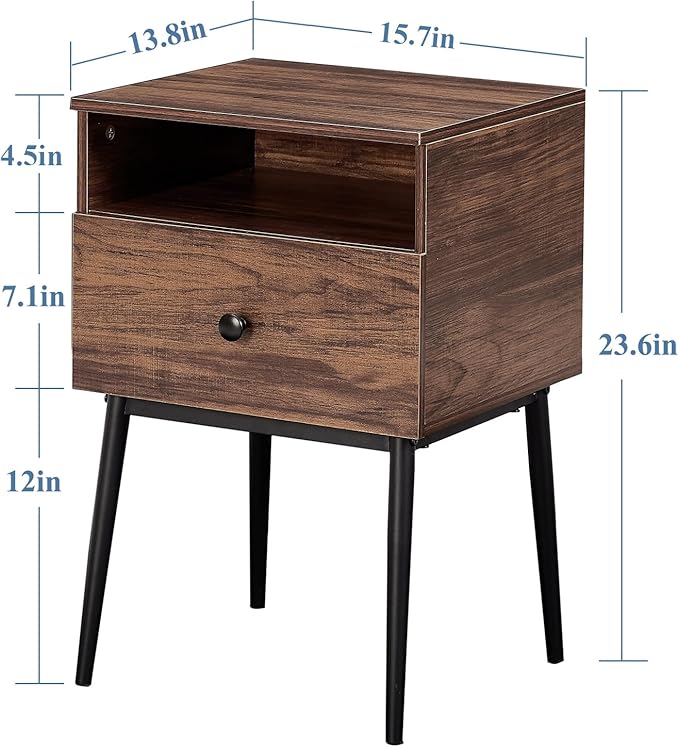 VECELO 2-Tier Nightstands Bedside Table with Storage Drawer and Open Wood Shelf, End Table for Living Room, Bedroom and Small Spaces, Night Stand with Metal Legs, Easy Assembly