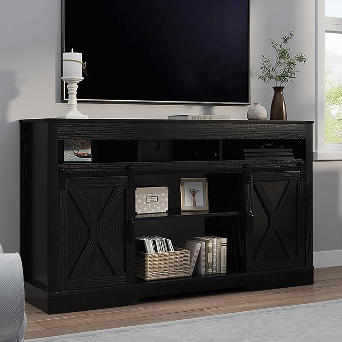 RoyalCraft Farmhouse TV Stand for 23" Fireplace, 34'' Tall Entertainment Center for 65+ Inch TV, 34" Tall Rustic TV Console with Sliding Bar Door for Living Room Black