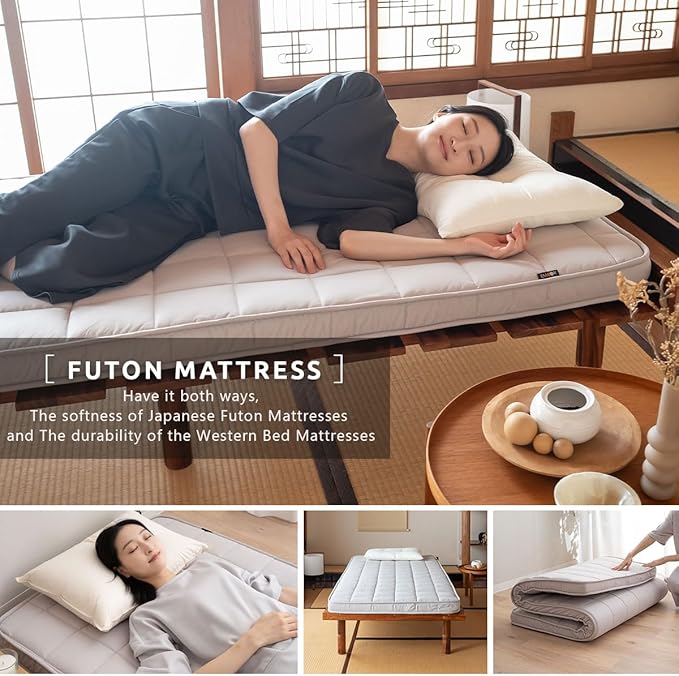 EMOOR Japanese Padded Futon Mattress Machi Small-Twin Gray, Gusset Foldable Storable Elastic Bands Floor Sleeping Guest Bed Tatami Mat