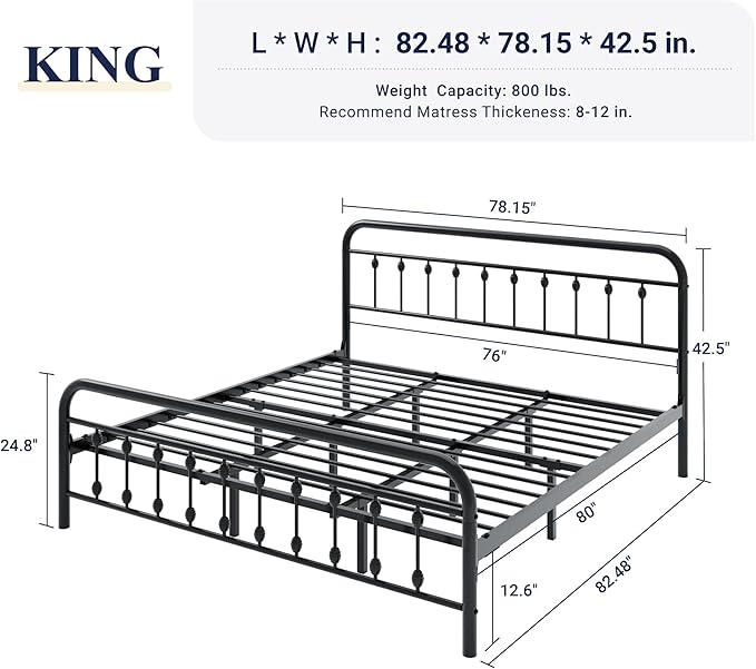 Allewie 14 Inches King Size Metal Platform Bed Frame with Victorian Style Iron-Art Headboard/Footboard, Mattress Foundation, Easy Assembly, Under Bed Storage, No Box Spring Required, Black