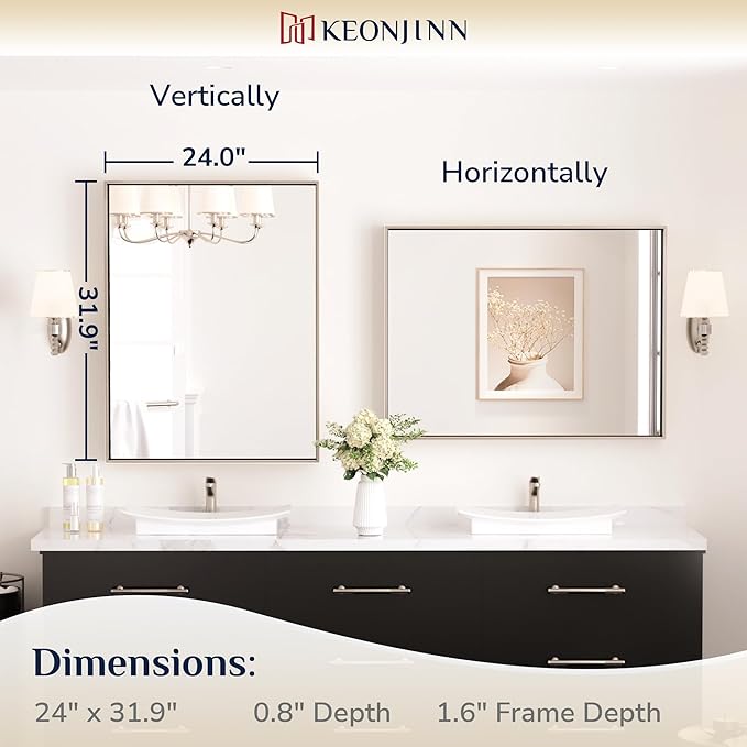 Keonjinn 24 x 32 in Brushed Nickel Bathroom Mirror for Wall, Silver Rectangular Metal Framed Vanity Mirror for Bathroom Sink Square Corner Aluminum Alloy Modern Rectangle Mirror(Horizontal/Vertical)