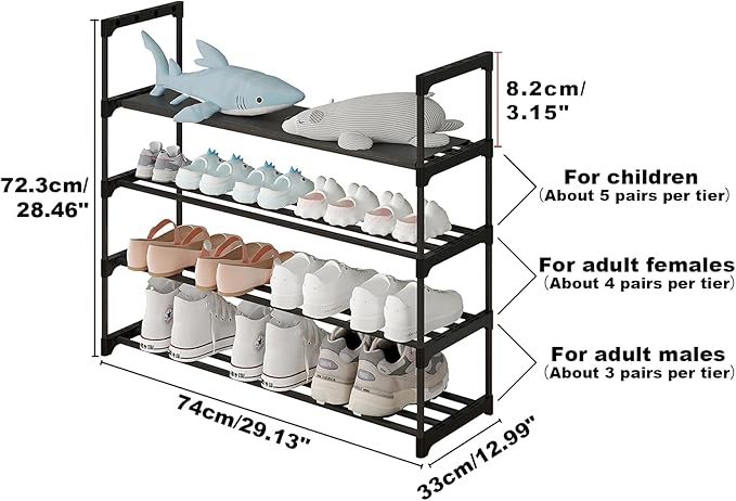 Calmootey 4-Tier Shoe Rack, Tall Large Capacity 20 Pairs Shoes Storage Organizer, Stackable Wide Shoe Shelf for Entryway, Hallway, Black