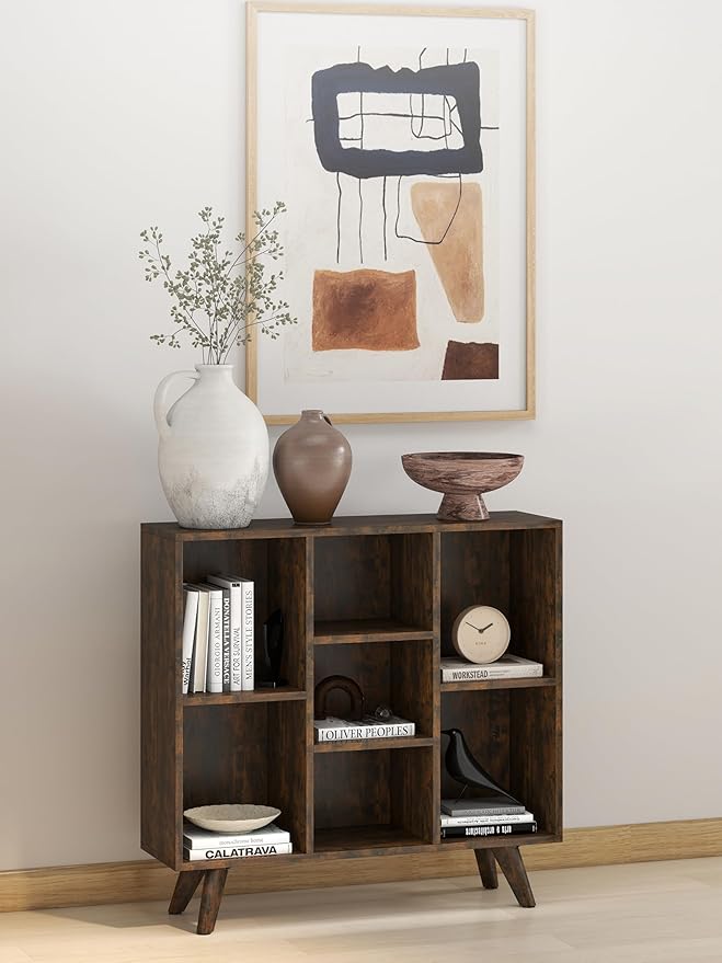 Manora Rustic Brown 7 Cube Mid Century Modern Bookshelf, Wooden Storage Organizer with Open Shelves, Retro Bookcase for Living Room, Bedroom, Home Office