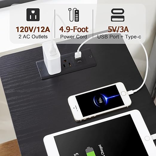 AMHANCIBLE End Tables Living Room with Charging Station, Narrow Side Table with USB Ports and Outlets, Slim Nightstand with 3 Fabric Drawers for Bedroom, Small Space, Black, HETN013BK-1