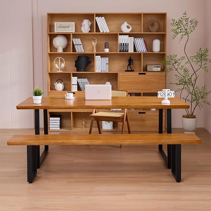 Durable Solid Wood Top Bench with Sturdy Metal Legs – Versatile Dining & Office Seating - Multi-Size Options Ideal for Living Room, Dining Room, and Home Office(Dark yellowbench, 70.87in)
