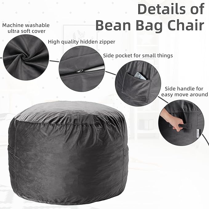 HABUTWAY Bean Bag Chair: Giant 4' Memory Foam Furniture Bean Bag Chairs for Adults with Microfiber Cover 4Ft (Grey)