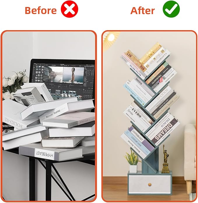 8 Tier Tree Bookshelf with Drawer, Free Standing Wood Bookcase for Narrow Space, Storage Organizer Bookshelves for Books, Book Case for Home Office, Living Room, Bedroom, Navy Blue