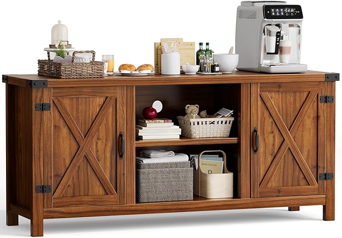 YESHOMY Farmhouse Buffet & Sideboard, 58" Kitchen Storage Cabinet with Adjustable Shelves & Doors, Wood Coffee Bar for Living Room, Entryway, Brown