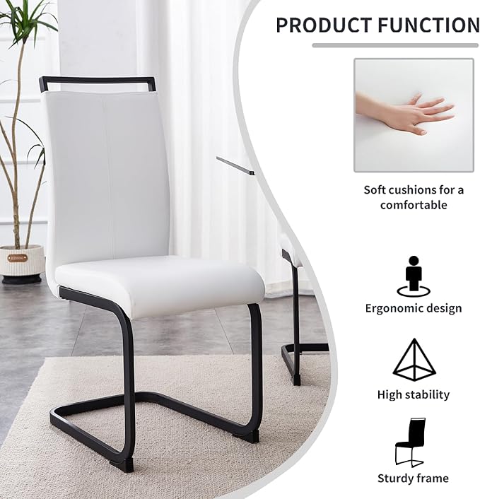Modern Dining Chairs Set of 4,High Back Kitchen Chairs,Side Room Chair with Black Powder Coating Metal Legs,Easy to Clean Upholstered Dining Chairs,Ideal for Living Room(White Chairs)