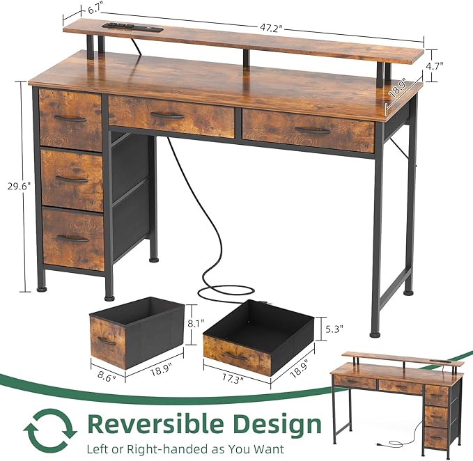 Computer Desk with 5 Drawers, Gaming Desk with LED Lights Power Outlets and Type-C, 47 Inch Office Desk with Storage, Monitor Stand, Writing Desk Work Table for Home Office, Small Spaces, Rustic Brown