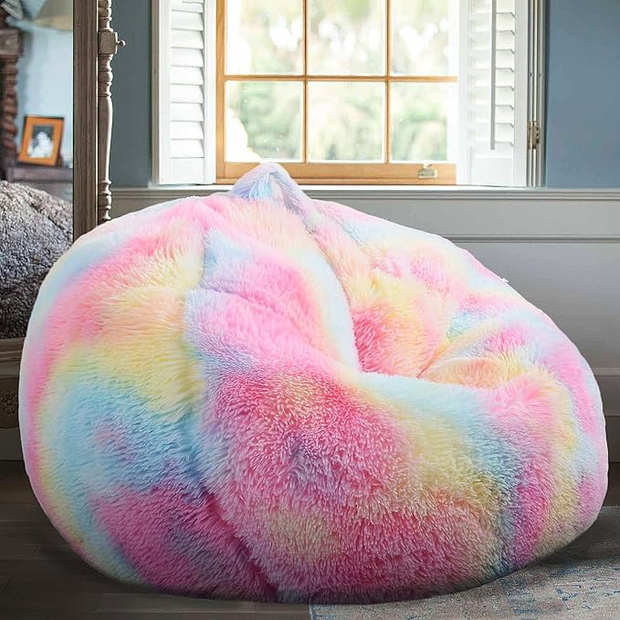 Fluffy Bean Bag Chair, 3FT Round Memory Foam Filled Bean Bag for Teens & Kids, Ultra Soft Faux Fur Fabric Bean Bag Chairs for Playroom, Living Room, Bedroom, Rainbow