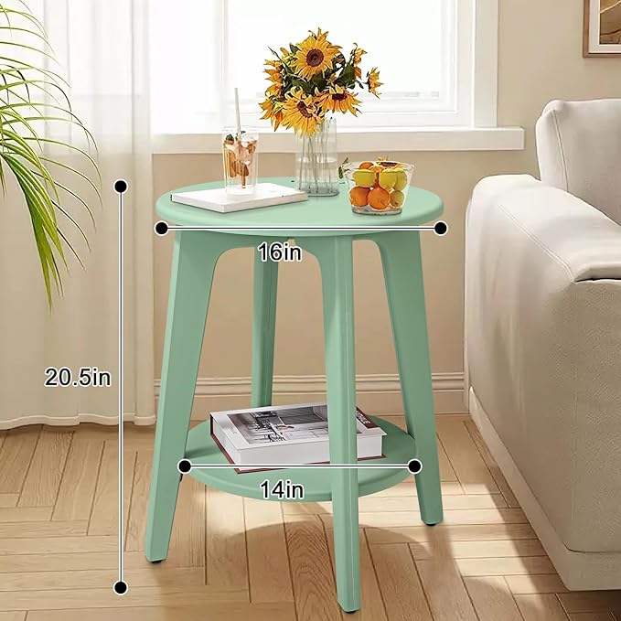 Round Side Table Green Wooden End Table with Lower Shelf Rustic Vintage Nightstand Beside Table for Living Room Bedroom Small Spaces