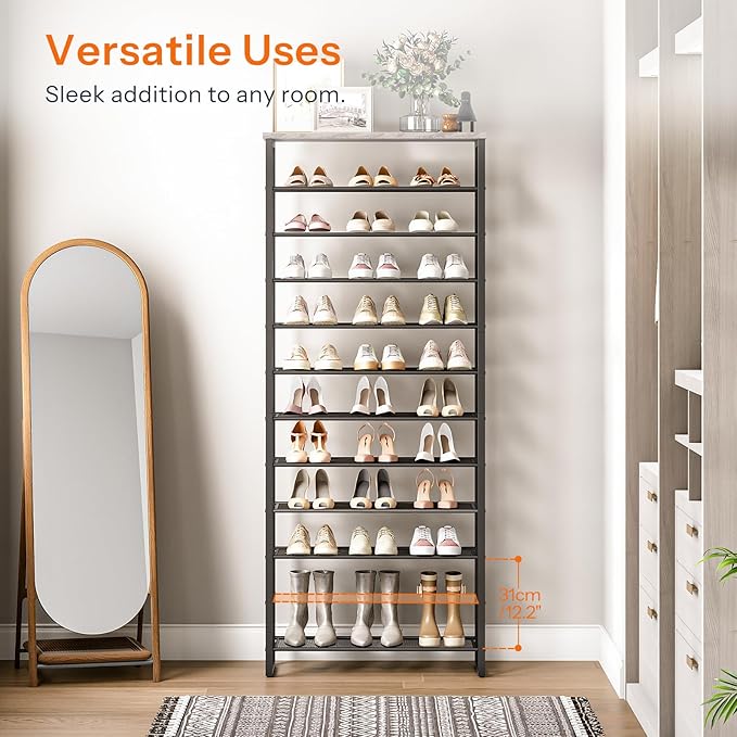 HOOBRO Shoe Rack, 12-Tier Shoe Storage Organizer, Large Capacity Shoe Shelf for Front Door Entrance, Entryway, Closet, Holds 36-48 Pairs of Shoes, Closet, Greige and Black BG127XJ01