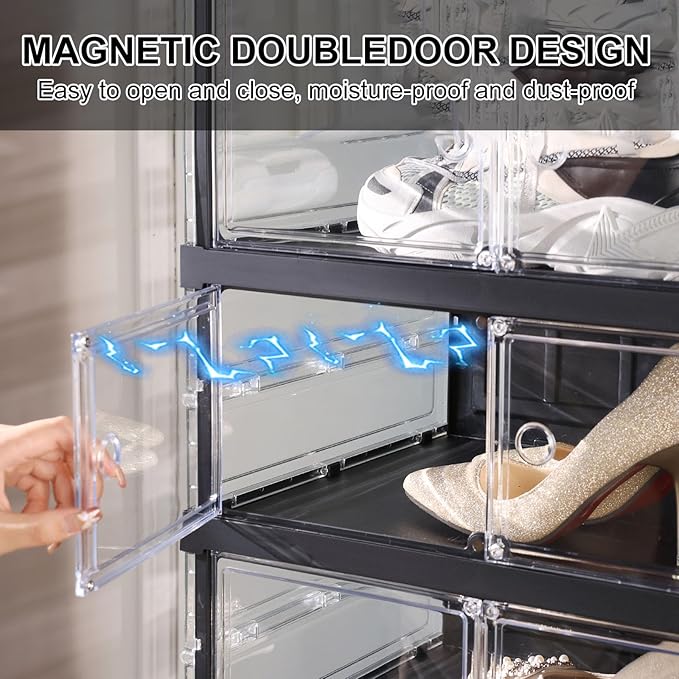 ELPHECO 9 Tier 18 Pairs Foldable Shoe Rack - Clear Shoe Rack Organizer, Folding Entryway Shoe Cabinet, Collapsible Sneaker with Magnetic Doors, Stackable Shoe Shelf,Three-Sided Clear Shoe Box, Black