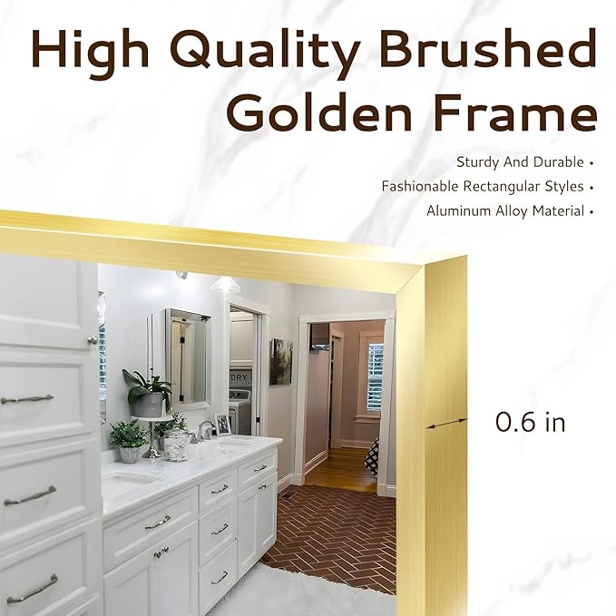 Gold Bathroom Mirror 26"x38", Rectangle Vanity Mirror with Frosted Metal Frame, Tempered Glass Wall Mounted Mirrors, Rust-Resistant for Bathroom, Bedroom & Living Room Decor