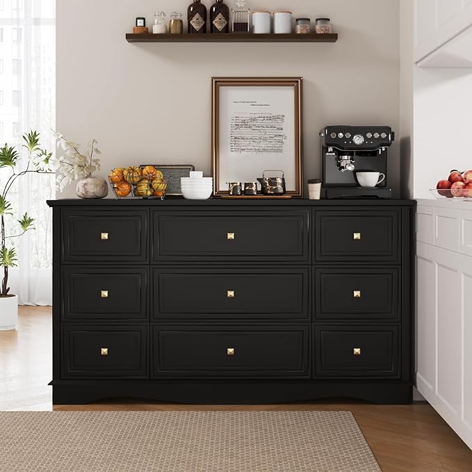 9-Drawer Dresser, 57" Wooden Chest of Drawers with Rustic Top, Modern Farmhouse Furniture Organizer, Bedroom Storage Cabinet for Clothes, Accessories, Living Room, or Entryway, Black