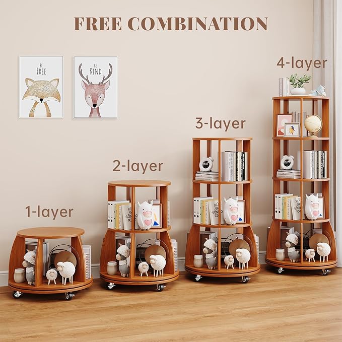 4 Tier Rotating Bookshelf with Brake Wheels, 360° Spinning Bookcase, Vertical Floor Standing Revolving Bookshelf Organizer for Small Spaces, Corner, Living Room, Bedroom, Rustic Brown