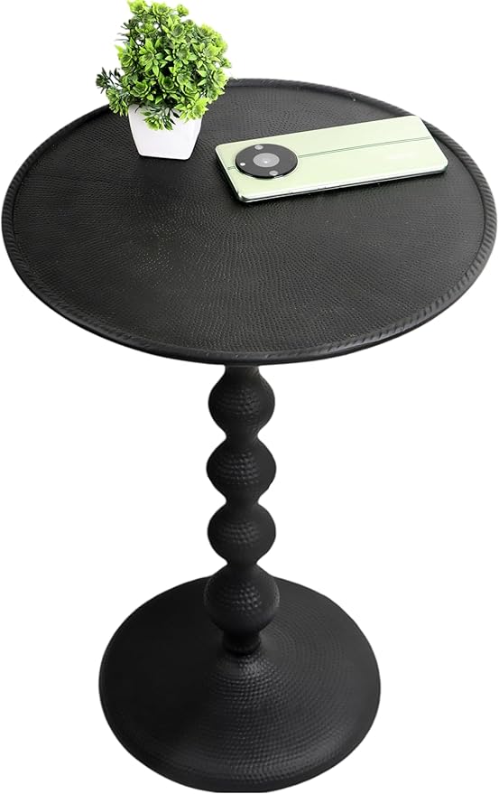 CLEENTABLE Pedestal Round Lightweight Metal Side Table - End Table for Living Room, Bedroom, Balcony - Hammered Top, Easy Assembly, Modern Minimalist Design 21" (Black)