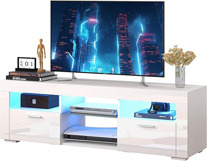 White TV Stand for 50/55 Inch, Entertainment Center With LED Lights, Modern Stand for Bedroom, Console With Storage and Shelves for Living Room