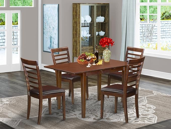 East West Furniture NOML5-MAH-LC 5 Piece Dinette Set for 4 Includes a Rectangle Dining Room Table with Butterfly Leaf and 4 Faux Leather Kitchen Dining Chairs, 32x54 Inch, Mahogany