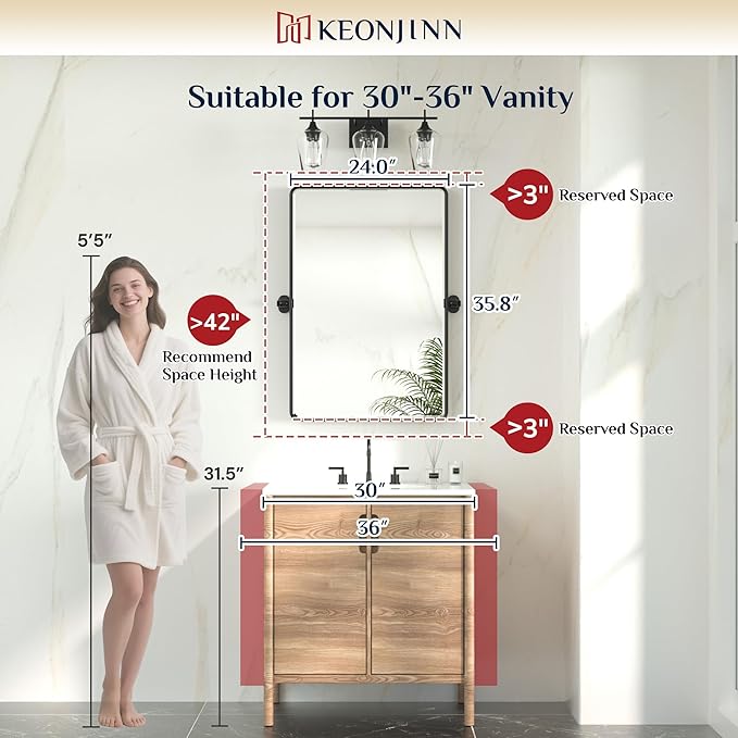 Keonjinn 24 x 36 Inch Pivot Mirror Bathroom, Brushed Nickel Tilt Mirror Bathroom for Wall, Beveled Pivot Rectangle Mirrors for Over Sink, Farmhouse Metal Framed Vanity Mirrors, Horizontal/Vertical