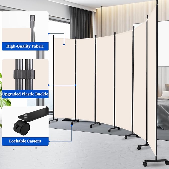 Room Divider 6FT Room Partition with Lockable Wheels, 6 Panel (Thicked Metal Base) Room Dividers, Freestanding Indoor Folding Privacy Screens, Portable Fabric Wall Divider for Room Separation, Beige