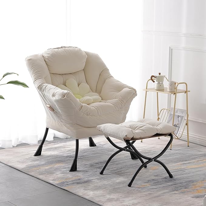 LITA Lazy Chair with Ottoman, Accent Contemporary Lounge Single Leisure Upholstered Sofa Set Armrests and a Side Pocket, Reading for Living Room & Bedroom, Beige 10.6D x 28.3W x 36.6H in