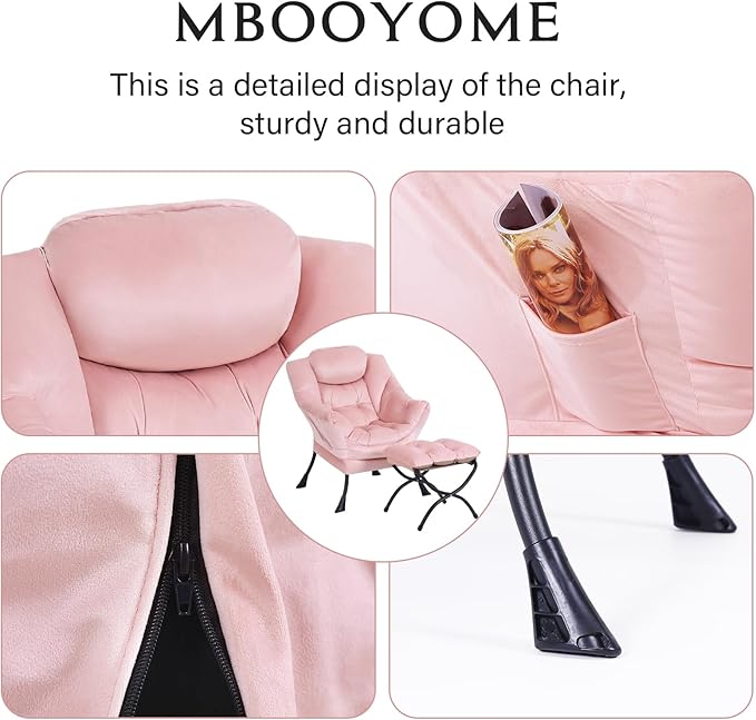 Lazy Chair with Folding Ottoman, Modern Accent Lounge Armchair with Armrests and a Side Pocket & Foldable Footstool, Leisure Reading Chair for Living Room, Bedroom, Dorm & Office, Velvet Pink