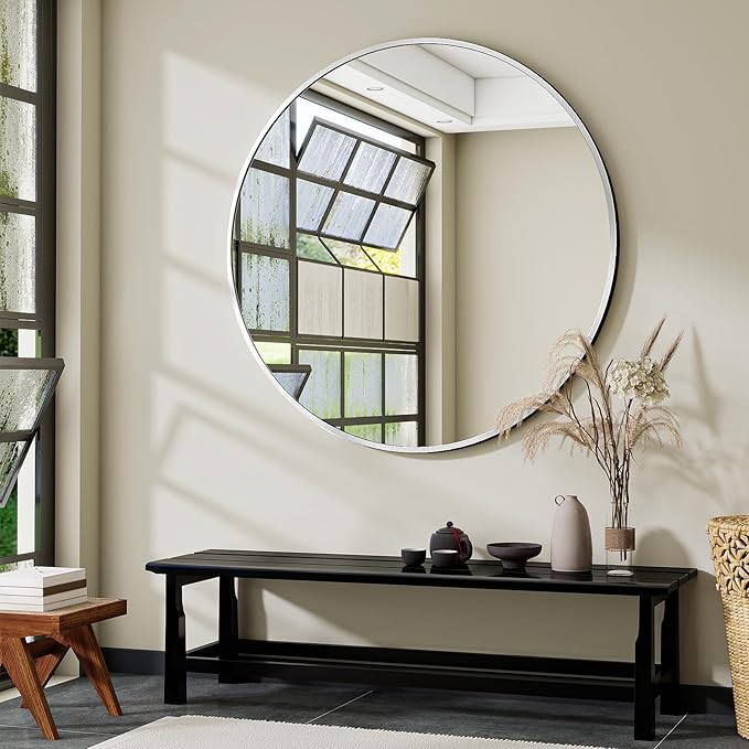 Silver Round Bathroom Mirror, 48 inch Large Circle Wall Mounted Hanging Mirror with Simple Modern Circular Metal Frame for Hallway, Entryway, Living Room, Silver Frame