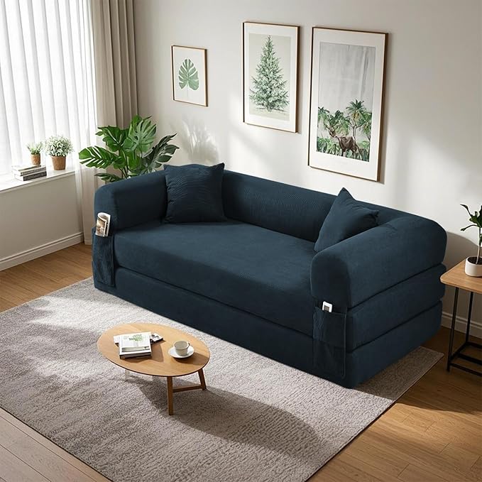 80" Convertible Sofa Bed, Corduroy Deep Seat Folding Pull Out Couch with Pillows, No Assembly Modern Boneless Couch Compression Sofa in Box, Floor Sofa with Storage Pocket for Living Room,Dark Blue