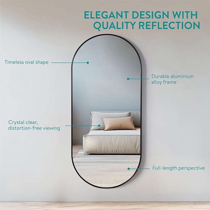 Navaris Full Length Arch Mirror, Black - Large Size for Complete Reflection - Mirrors for Bedroom, Living Room, Bathroom or Hallway - Wall Hanging or Free Standing on Floor Option