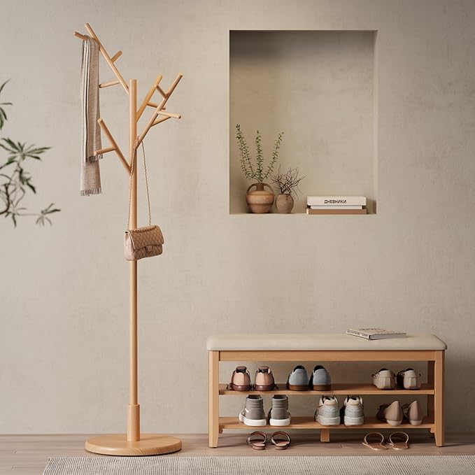 Coat Rack,Solid Wood Coat Rack Freestanding with 12 Hooks,Coat tree freestanding 3 Adjustable Heights for coat, Hats, Handbags，Coat Stand for Entryway,Bedroom (Natural)