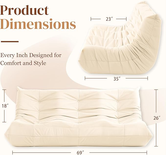 Bean Bag Chair, Large Fireside Chair Bean Bag Sofa for Adults, 3 Seater Bean Bag Chairs for Teens with High-Resilience Foam, Memory Foam Bean Bag for Living Room, Bedroom, Office (Suede, Beige)