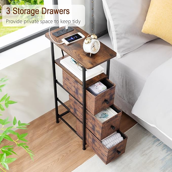 Narrow End Table Living Room with Charging Station, Skinny Side Table with Fabric Drawers, Slim Nightstand for Bedroom, Small Spaces, Couch, Rustic Brown, HETNDP03PBR-1